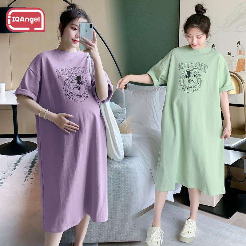IQANGEL Maternity Dress Summer Casual Loose Fit Short Sleeve Long T-Shirt Dress ราคา 142 บาท*ส่งฟรี
