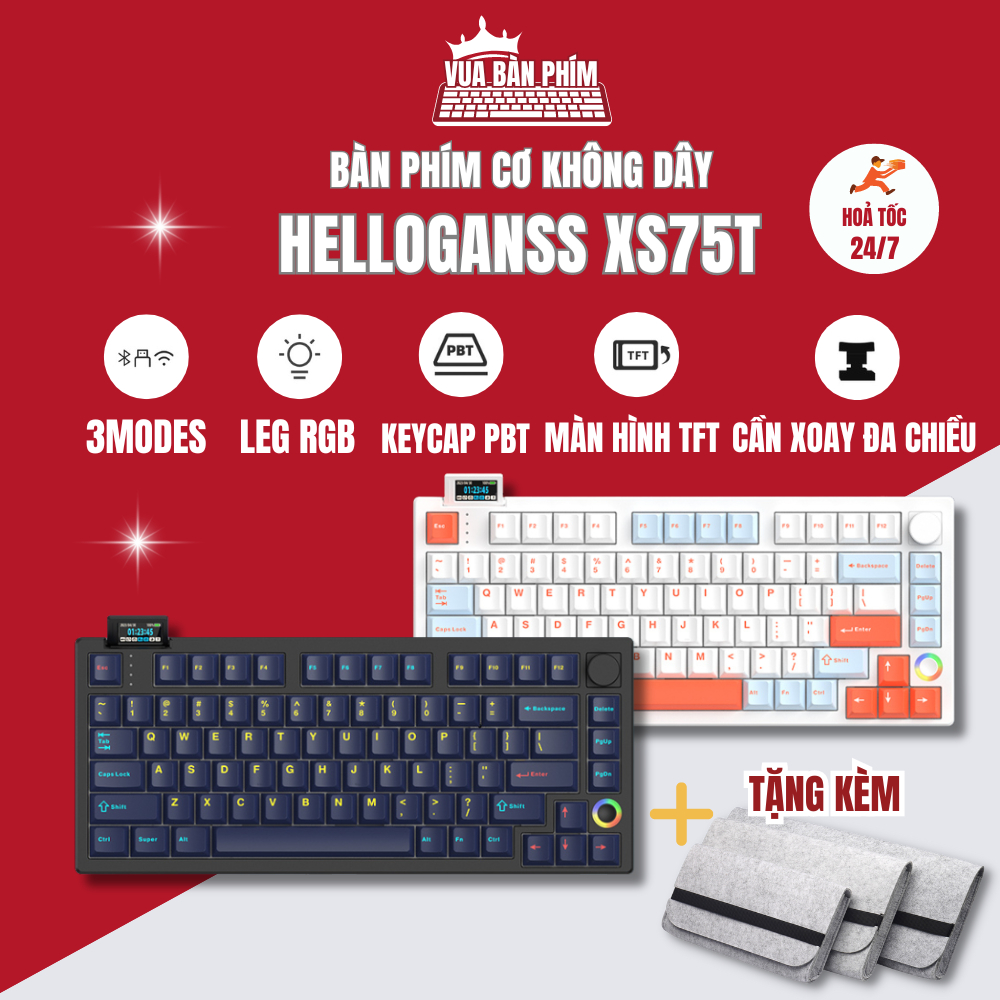 [HÀNG SẴN ] Bàn phím cơ helloganss xs75t 3 modes, màn hình LCD siêu đẹp, keycap cherry pbt doublesho