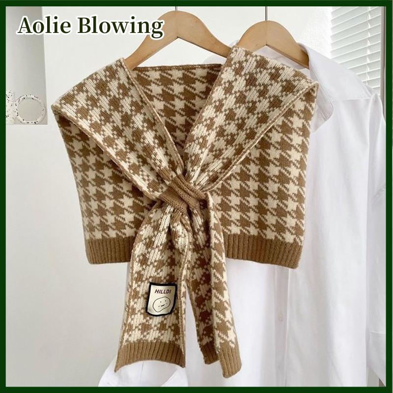 Aolie Hàn Quốc Phong Cách Len Dệt Kim Ấm Khăn Choàng Mùa Đông Áo Vai Giả Cổ Áo Choàng Dệt Kim Khăn Houndstooth Cổ Khăn