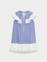 [Pomelo] Striped Sleeveless Mini Dress with Ruffle Collar Detail - Blue