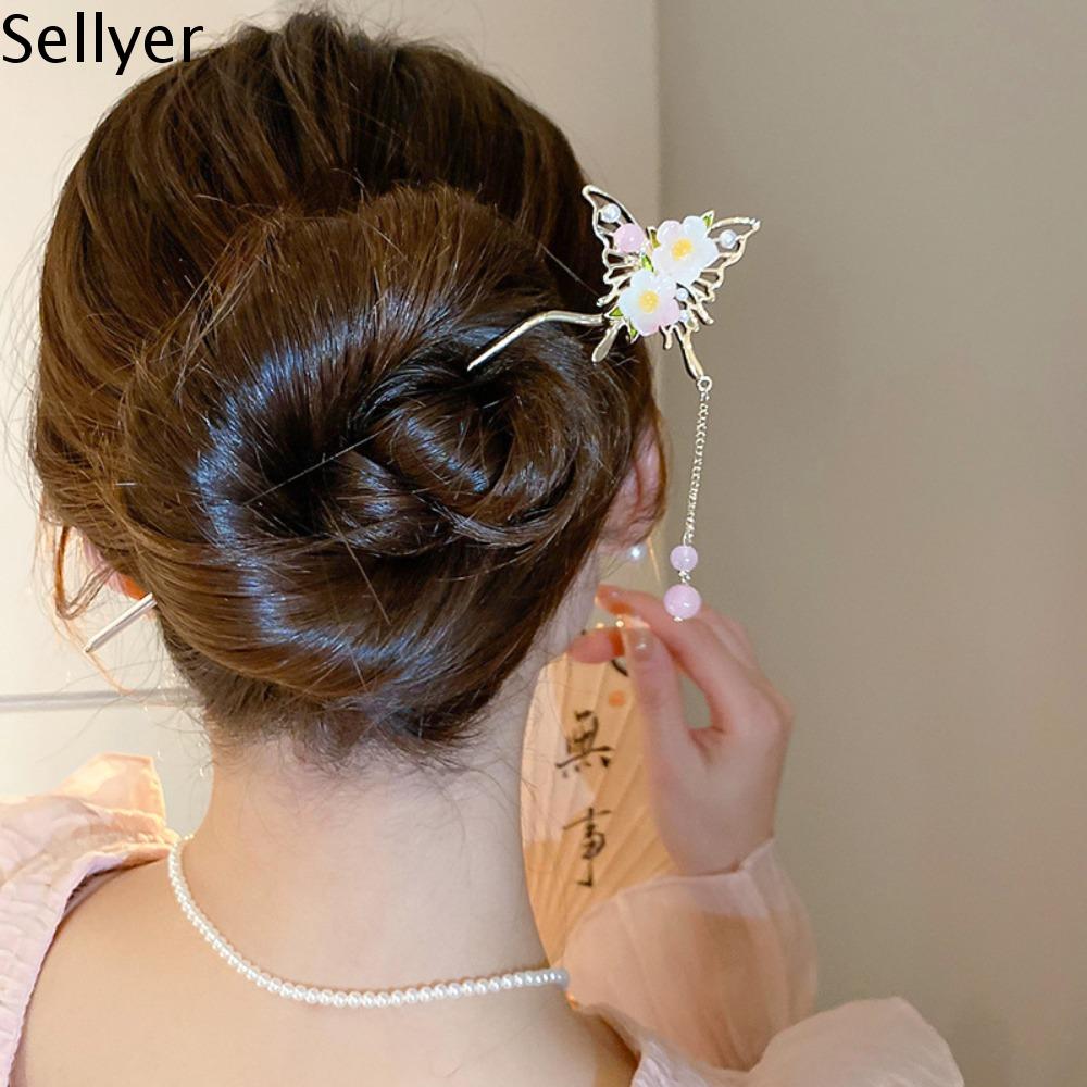 SELLYER Ngọc Trai Gậy Cài tóc hình bướm Hoa Tua rua Nĩa Cài tóc hoa Thanh lịch Đồ trang trí Hanfu Đũa tóc Hanfu Mùa hè