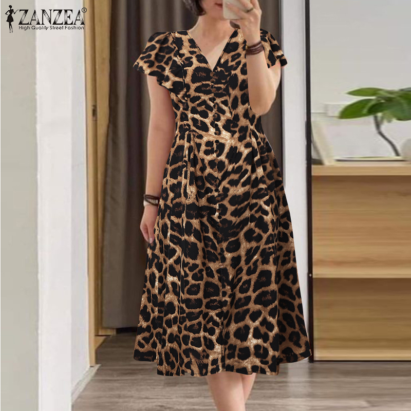 Hijabfab ZANZEA Phụ Nữ ngắn tay đi chơi Xù Cạnh Dresses Trang Trí Khóa in da báo Ăn Mặc #0505