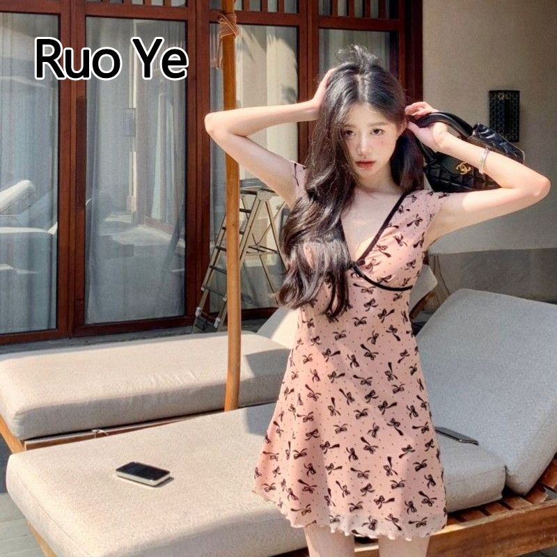 Ruo Ye American Hot Girl Deep V-neck Dress Women's Bow Printing a Short Skirt