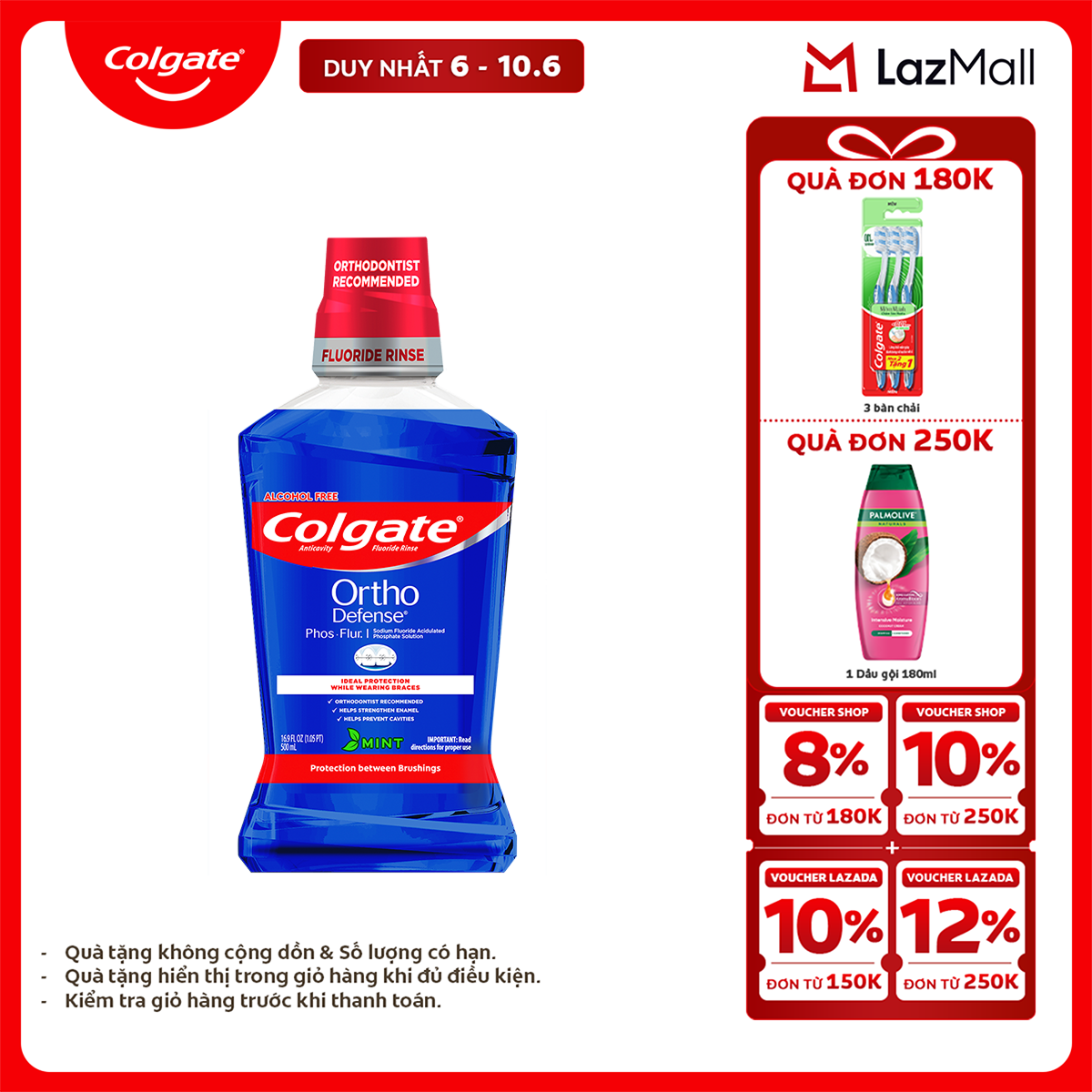 [Chỉ 6-10.6_X2 Voucher giảm 22%] Nước súc miệng Colgate Ortho với công thức chuyên biệt cho người niềng răng 500ml