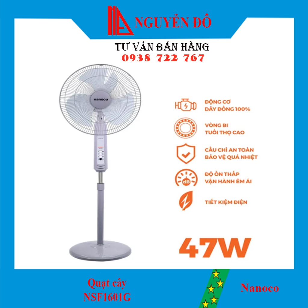 Quạt cây Nanoco NSF1601G, với 2 màu xanh và xám, 3 cấp độ gió, quạt mát, độ bền cao, tiết kiệm điện