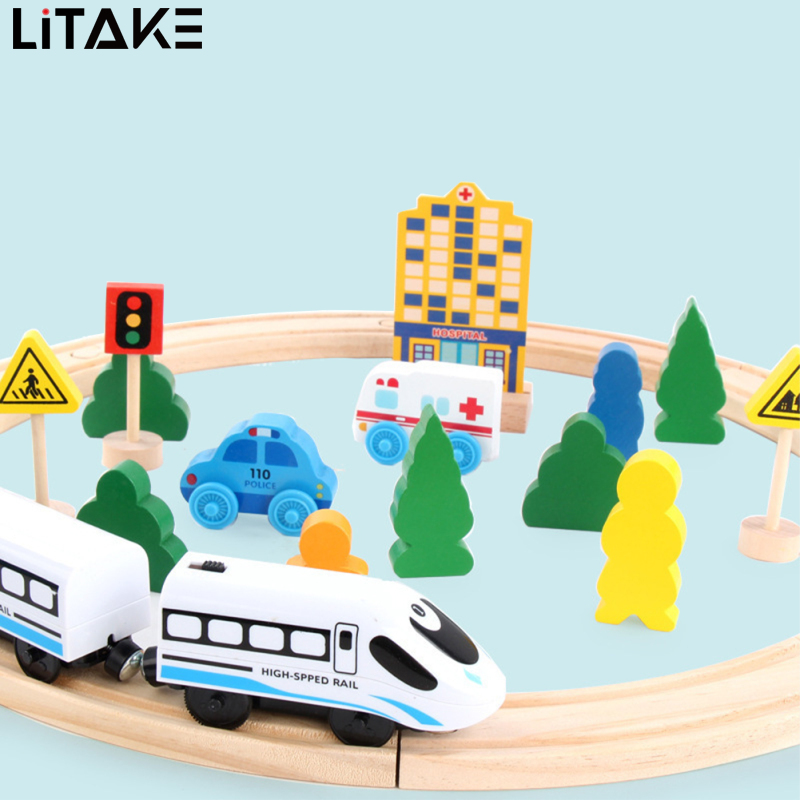 Wooden Train Set With Tracks Toys Model Train Railway Electric Car Set Preschool Educational Toys For Kids Age 4-6 ราคา 443 บาท*ส่งฟรี