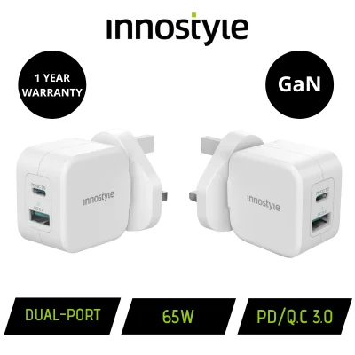 Innostyle Zeni 65w GaN Dual-Port Charger (UK Plug) with PD & QC 3.0 Suitable for MacBook, Laptops & Phones