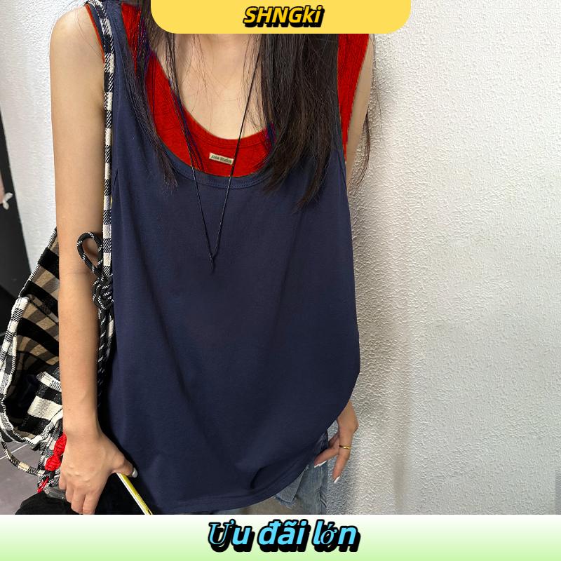 SHNGki 2025 mùa hè mới tương phản màu sắc không tay T-Shirt của phụ nữ giả hai mảnh lỏng nhiều lớp vest treo hàng đầu