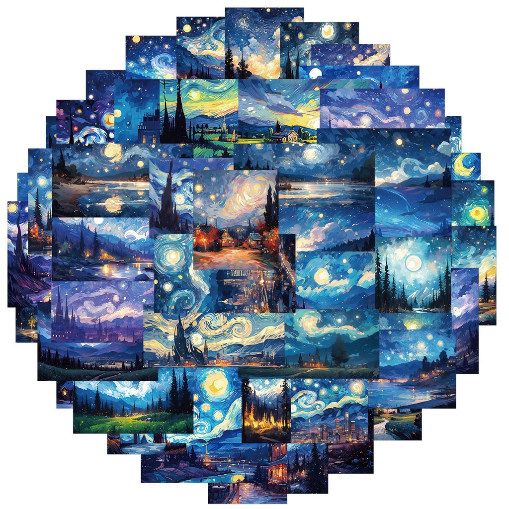 50pcs phim hoạt hình Van Gogh đêm đầy sao sơn dầu không thấm nước nhãn dán tranh vẽ tường cho mũ bảo hiểm xe đạp viết tay bút chì trường hợp đề can lanlanstickersworld