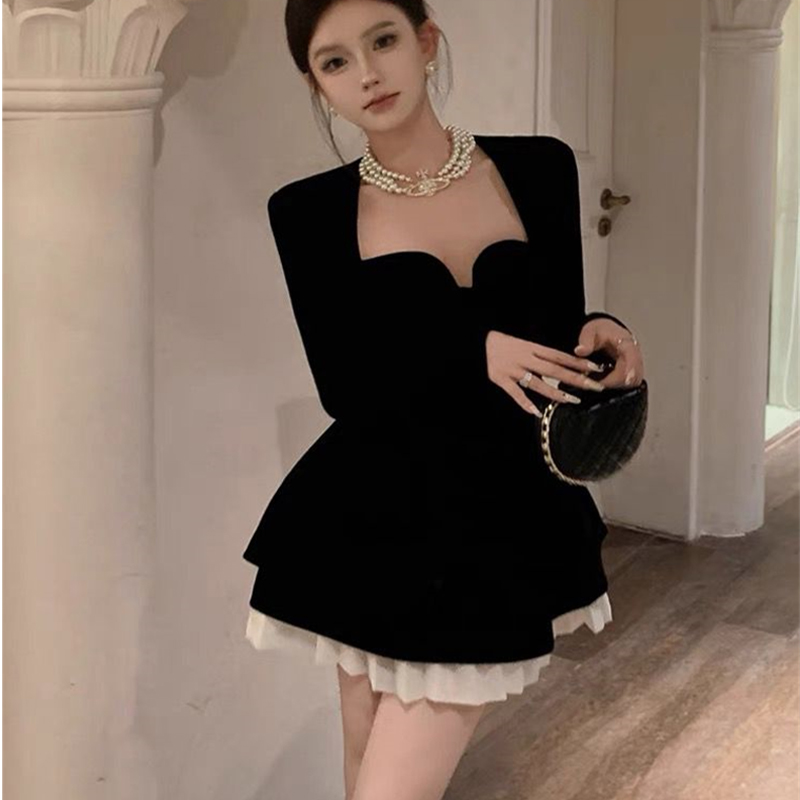 Xiyuyi pháp phong cách Hepburn nhung đen váy chữ A và Chân Váy Ngắn