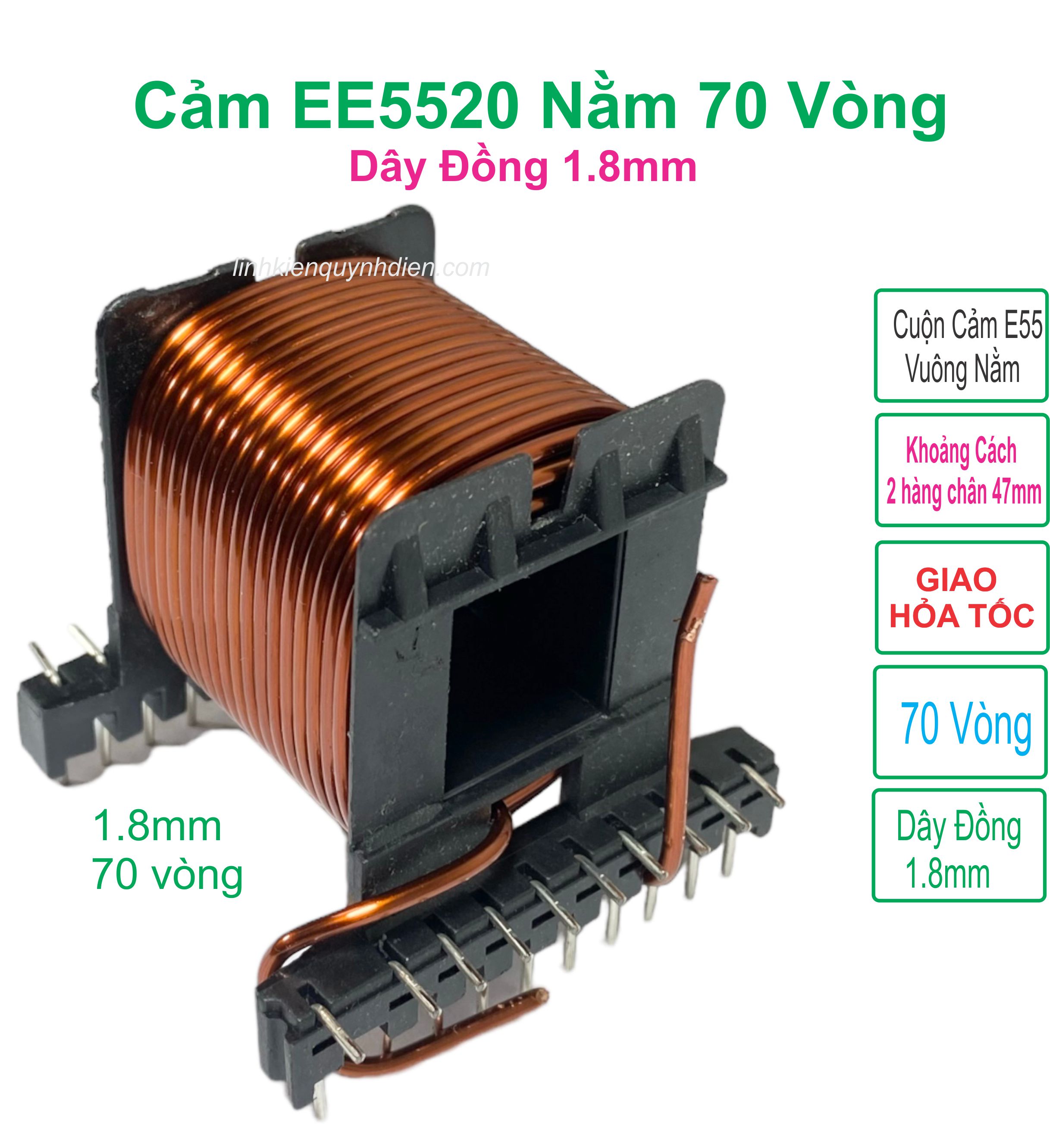 Cuộn Cảm E5520 Nằm Dây đồng 1.8mm 70 vòng Chịu nhiệt 220 độ C. Dùng cho k.ích điện tử 16 đến 140 fet