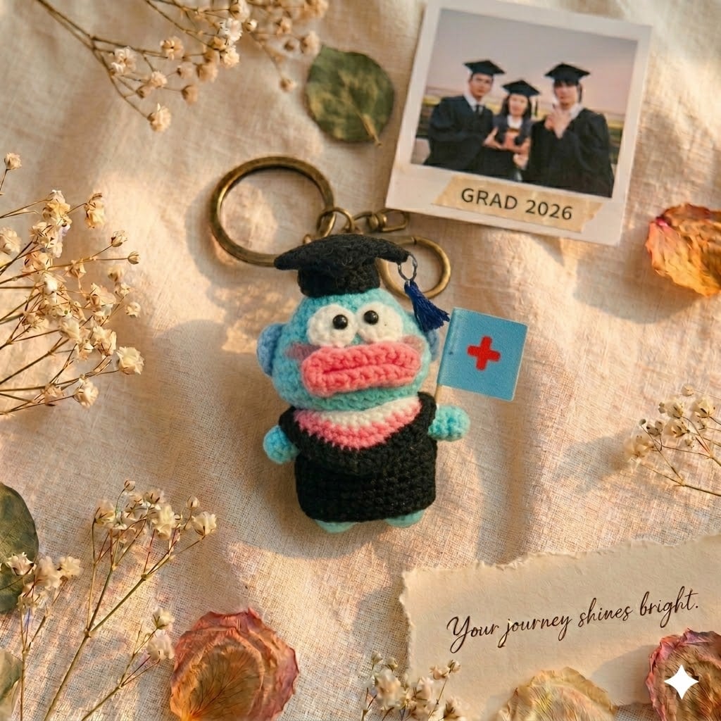 Móc khóa ếch xanh tốt nghiệp len handmade