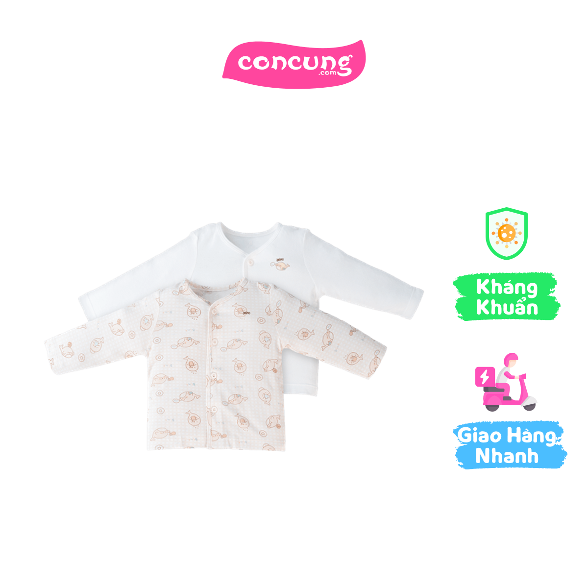 Set 2 áo sơ sinh cài giữa tay dài Animo Easy KV0724003 (0-3MTrắng-HT Cá)