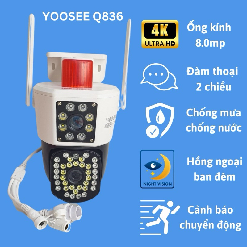 Camera Yoosee 2 Mắt Q836 - chuẩn 4K siêu nét - xem đêm có màu - xoay 360