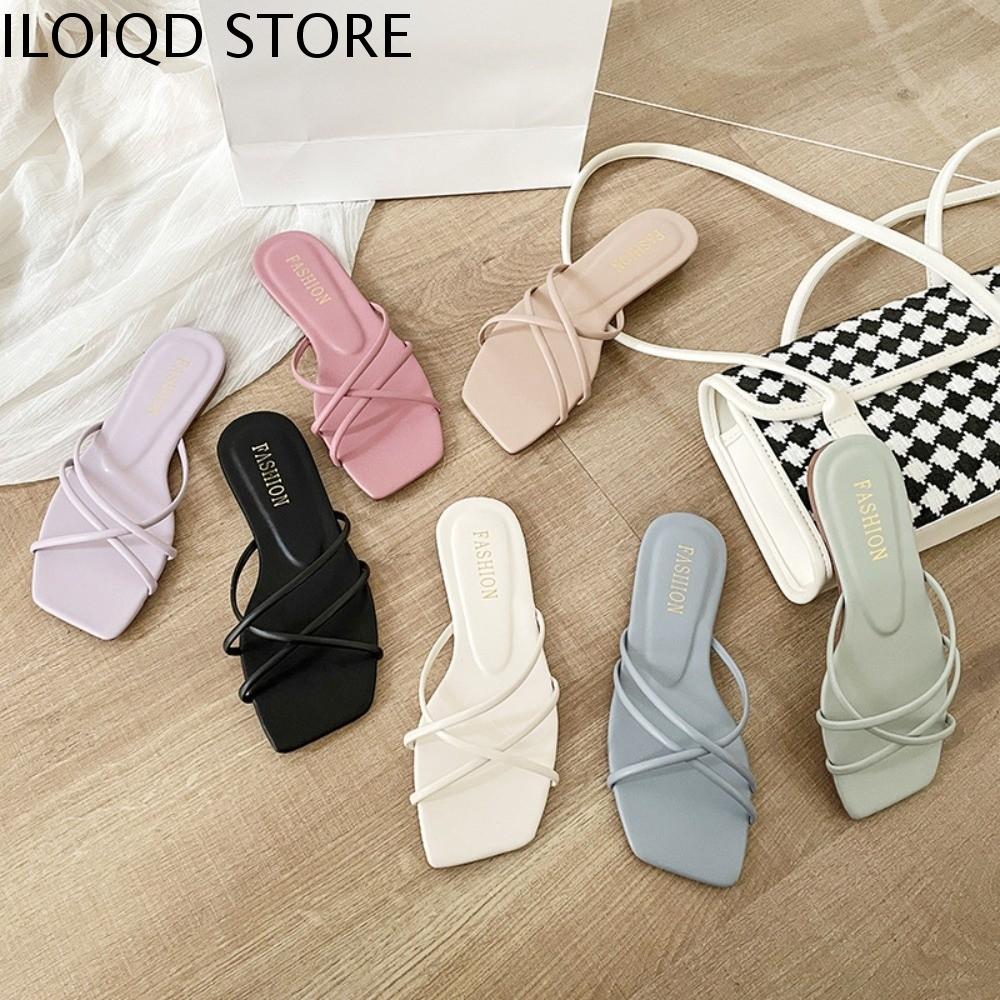 ILOIQD Không trượt Giày mũi vuông Da PU Đế mềm Dép phẳng Thời trang Thoải mái Dép mùa hè Bãi biển