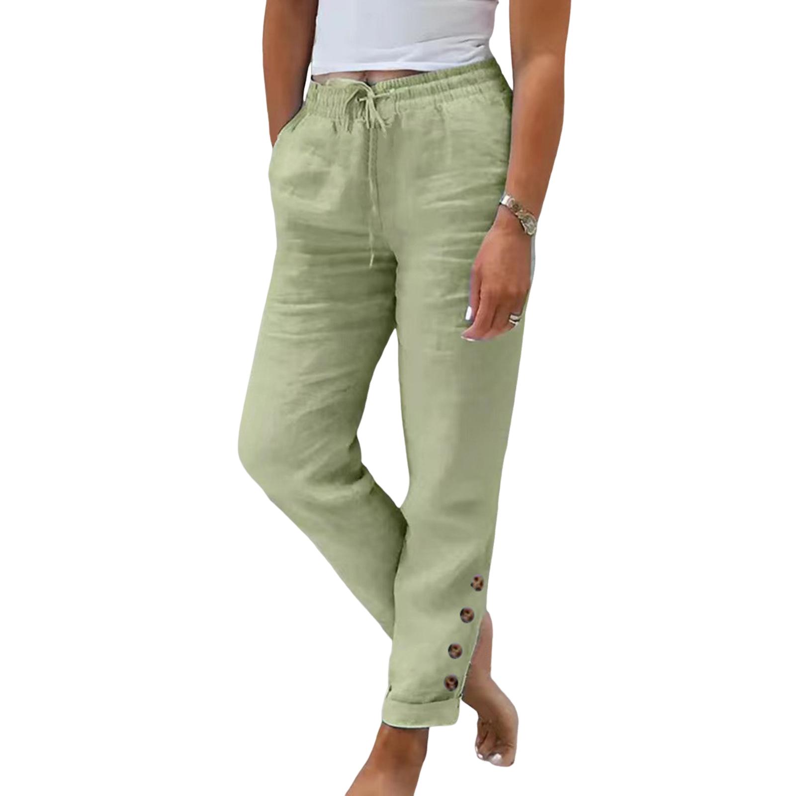 Women Casual Pants Elastic Waist Adjustable Drawstring Sports Harem Pants with Pockets Buttons Cuffs Long Trousers