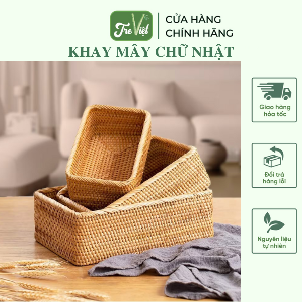 Giỏ mây chữ nhật đựng đồ - Rổ mây đựng mỹ phẩm để bàn, decor chụp ảnh sản phẩm