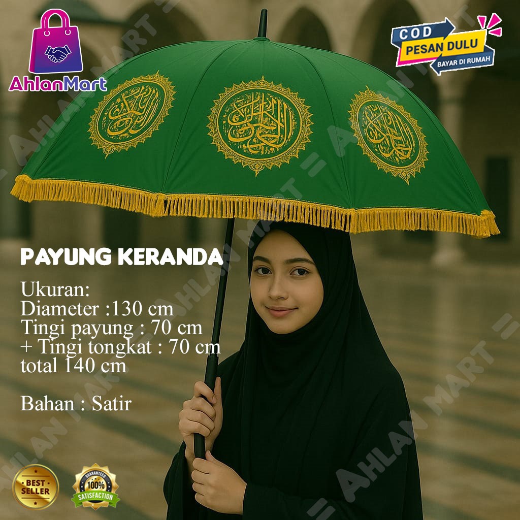 Payung Keranda Jenazah Kaligrafi Sablon Lengkap Dengan Gagang Tongkat Harga  195,000 rupiah*Gratis Ongkir