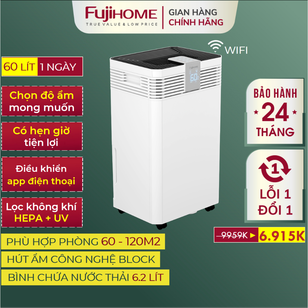 Máy hút ẩm công suất lớn FUJIHOME DH60W-HEPA Nhập Khẩu Máy hút ẩm lọc không khí HEPA có Wifi diệt kh