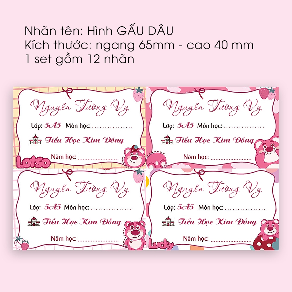 Set 10 Nhãn Vở Hình Ảnh Dễ Thương Mẫu GẤU DÂU - Gì Cũng In - Decal Chống Thấm Nước