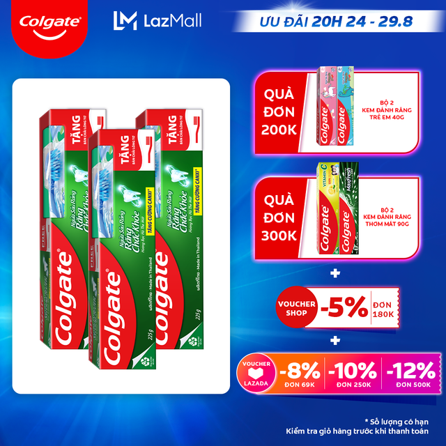 [Ưu đãi 20H 24.8 - 29.8_Áp voucher Colgate 5% + voucher LZD 8%]Bộ kem đánh răng Colgate ngừa sâu răng răng chắc khỏe 225g/tuýp tặng bàn chải đánh răng lông tơ nhập khẩu Thái Lan
