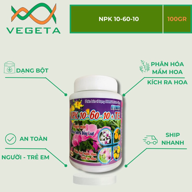 Phân bón npk 10-60-10 + te 100gram- vegetashop - phân bón cuốc vàng - kích thích ra hoa - tạo mầm hoa lan