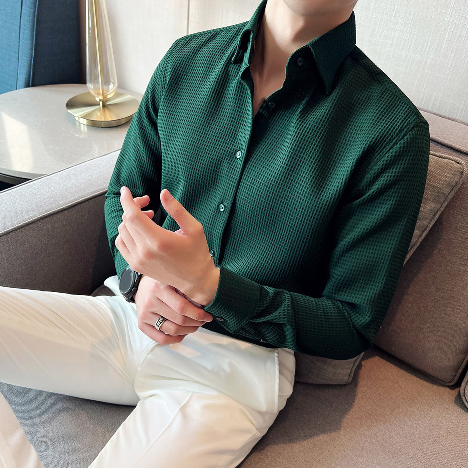 Màu Trơn Áo Sơ Mi Nam Mùa Thu Áo Thun Tay Dài Người Đàn Ông Của ôm vừa Waffle Kết Cấu Áo Sơ Mi kiểu Pháp Lần Lượt cổ áo nhồi lông Dài Tay Áo chiều dài trung bình Giày công sở Hàng Đầu Cho Mùa Xuân/Mùa Thu Sự Kiện