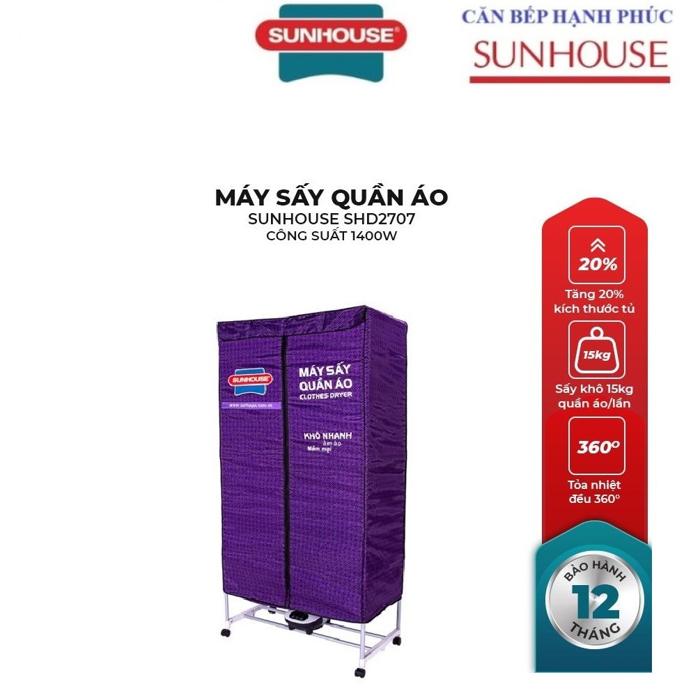 Tủ sấy quần áo sunhouse shd2707 sấy 20kg - Khử khuẩn - Sấy khô, Sấy nhanh trong vòng 1 giờ, sấy quần áo lên tới 15kg/lần