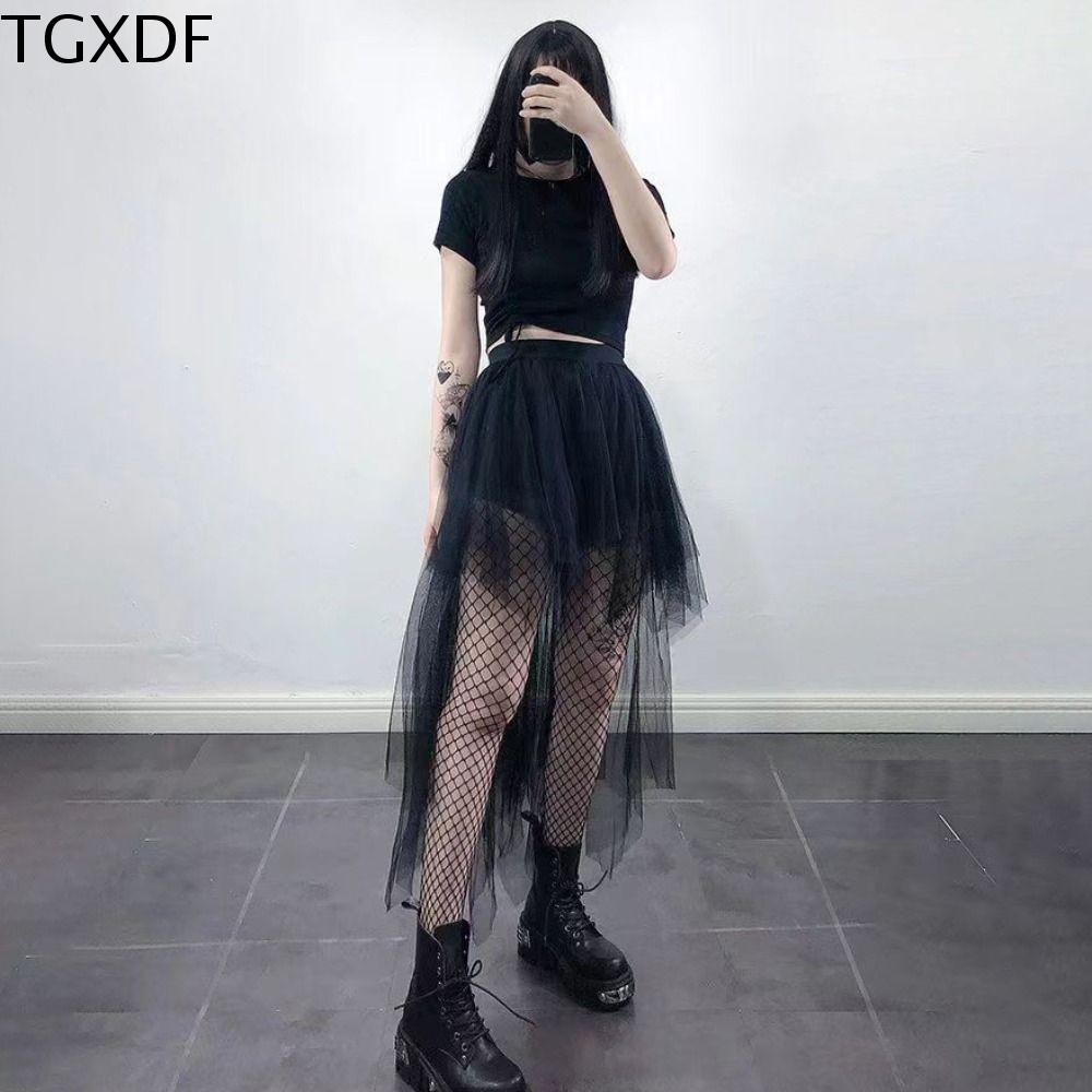 TGXDF Gothic Váy không chính quy cạp cao Không đối xứng Y2K Váy Ngắn Vải tuyn Thường ngày Lông mịn Chân Váy Mini Xếp Li Nữ