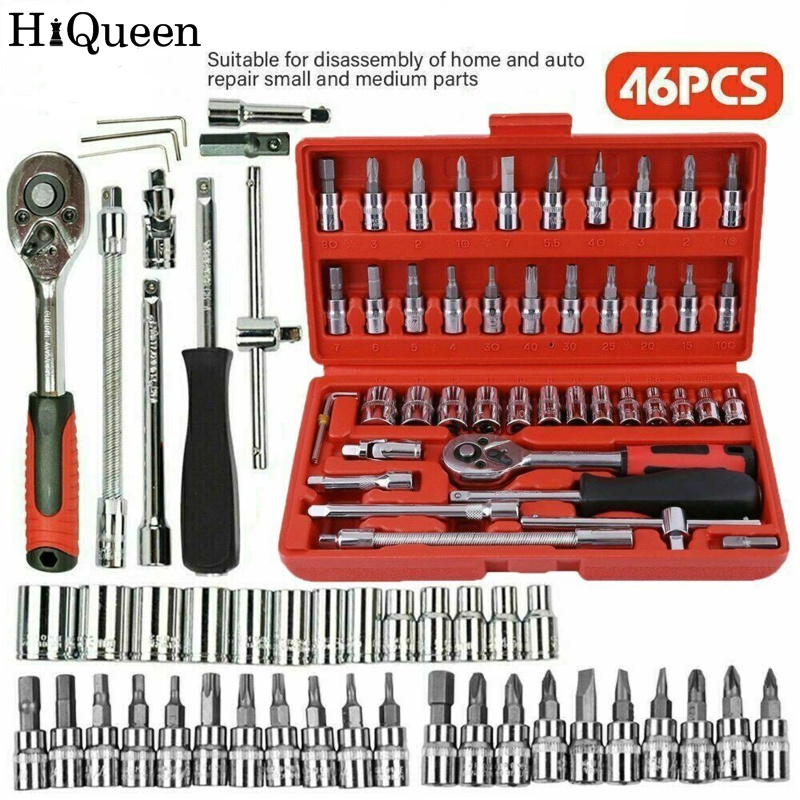 HiQueen 46-Piece Socket Bits Set 1/4 Inch Drive Ratchet Wrench Metric Tools Kit For Automotive Repair Household