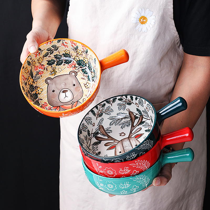 [Ashely Joson]【New Arrived】 Convenient Easy Activity Decoration Festival Queuing Atmosphere Single Handle Ceramic Bowl Noodle Bowl Forest Animal Design Large Bowl Creative Restaurant Household Flower Bowl Home Decoration