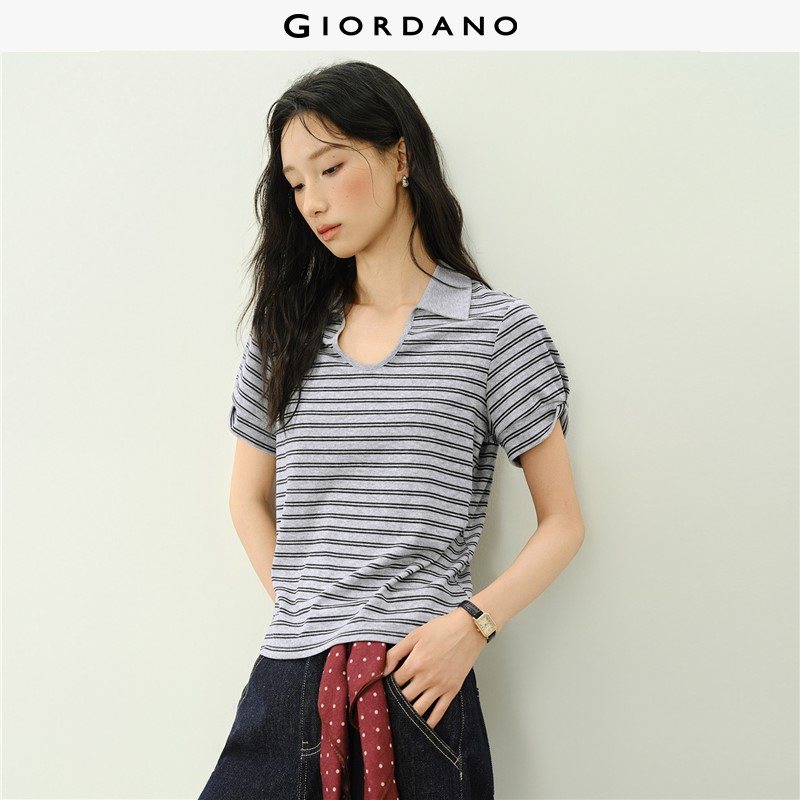 GIORDANO Women Polo Shirts Striped U-Neck Collar Polo Shirts Short Sleeve Slim Fit Fashionable Casual Polo Shirts 18316102 ราคา 1,529 บาท*ส่งฟรี