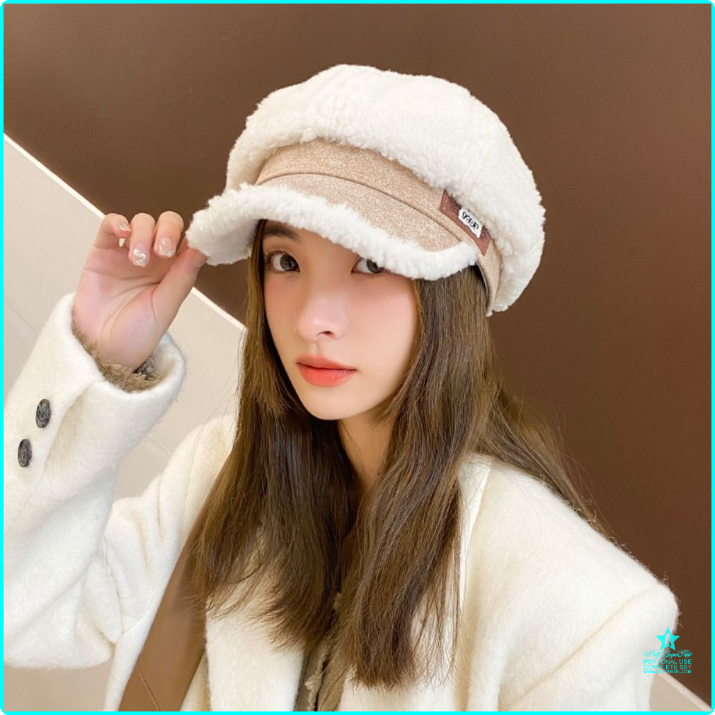 [op059] Fashion Lamb Hair Octagonal Hat Women Korean Fashion Duck Tongue Hat Plush Bud Hat Autumn Winter Casual Artist Painter Cap