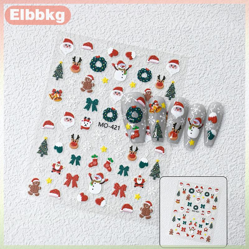 Elbbkg Giáng sinh 5D dập nổi người tuyết bông tuyết móng tay nghệ thuật dán phim hoạt hình Santa Claus giáng sinh Decal tự làm móng tay đề can