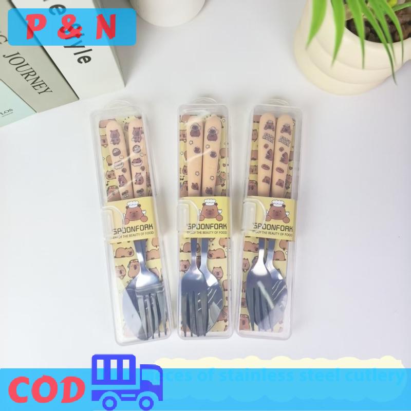 P&N Phim hoạt hình di động capybara thép không gỉ Bộ đồ ăn dao kéo hai mảnh đặt nĩa muỗng sinh viên Bộ đồ ăn Bộ đồ ăn nhà bếp