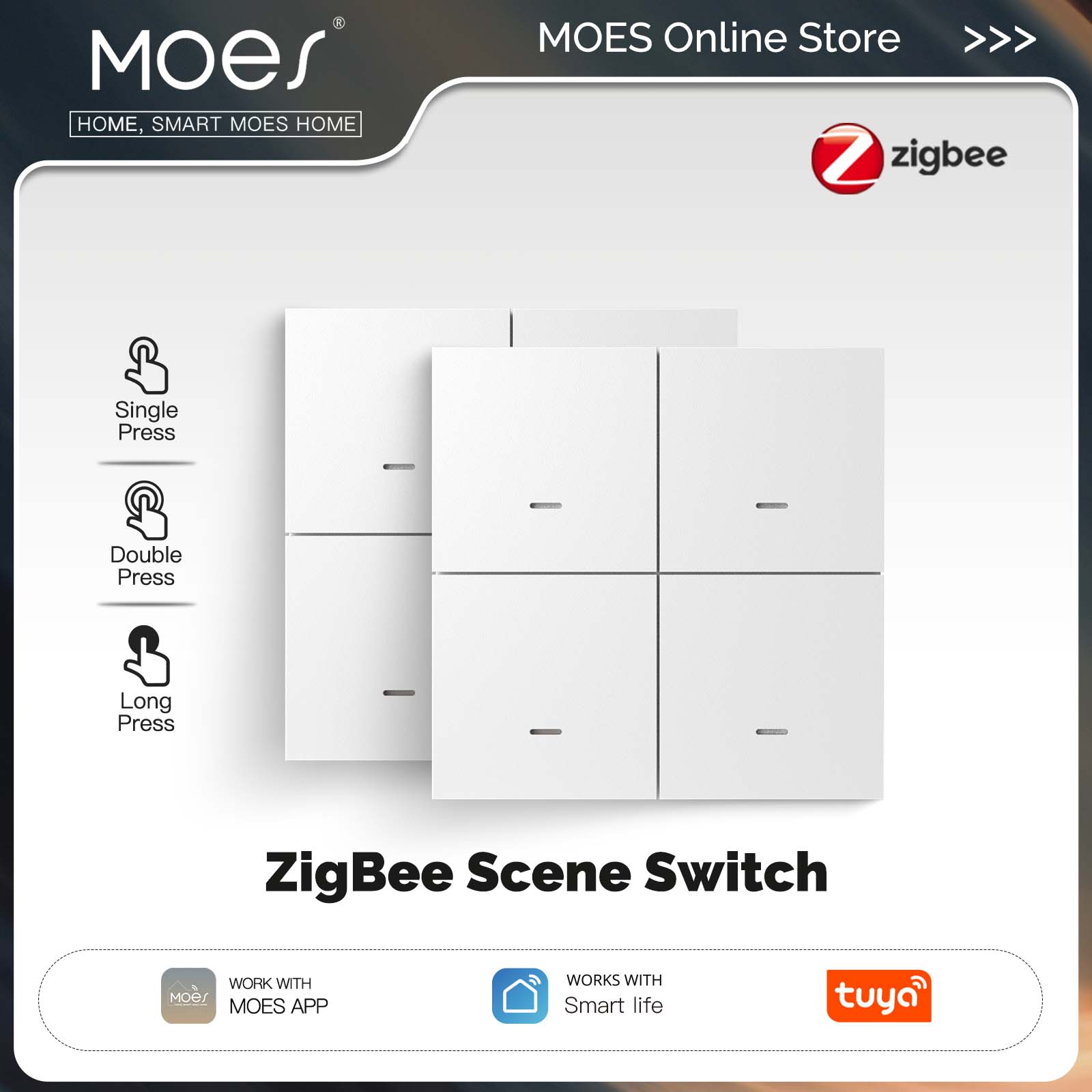 MOES 4 Gang Tuya ZigBee Wireless 12 Scene Switch Push Button Controller Battery Powered Automation Scenario for Tuya Smart Life ราคา 499 บาท*ส่งฟรี