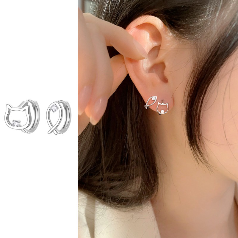 Chúng tôi hoa Hàn Quốc S925 Bạc tinh thể Hollow cá mèo Kitty piercing Khuyên tai tròn cho phụ nữ không gây dị ứng tai vòng tròn đồ trang sức