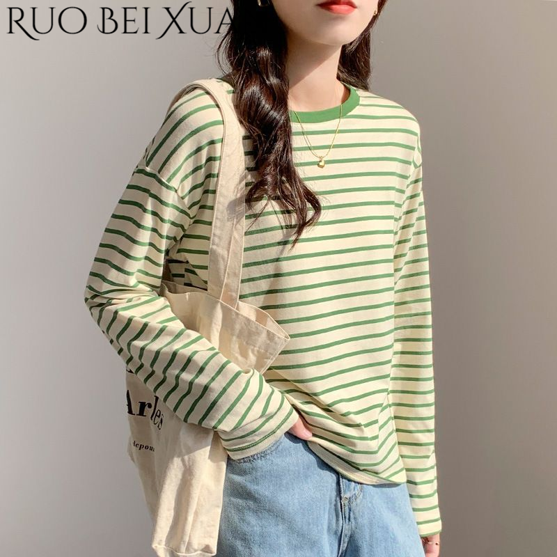 Ruo Bei Xuan Women's Casual Striped Long Sleeve T-Shirt with Round Neck and Loose Fit ราคา 282 บาท*ส่งฟรี
