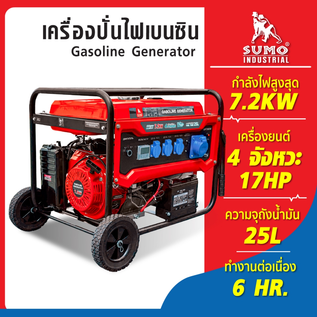 เครื่องปั่นไฟเบนซิน 7.2KW SUMO 220V/50Hz เครื่อง 4 จังหวะ มอเตอร์ทองแดง 100% ความจุถังน้ำมัน 25L ราคา 31,200 บาท*ส่งฟรี