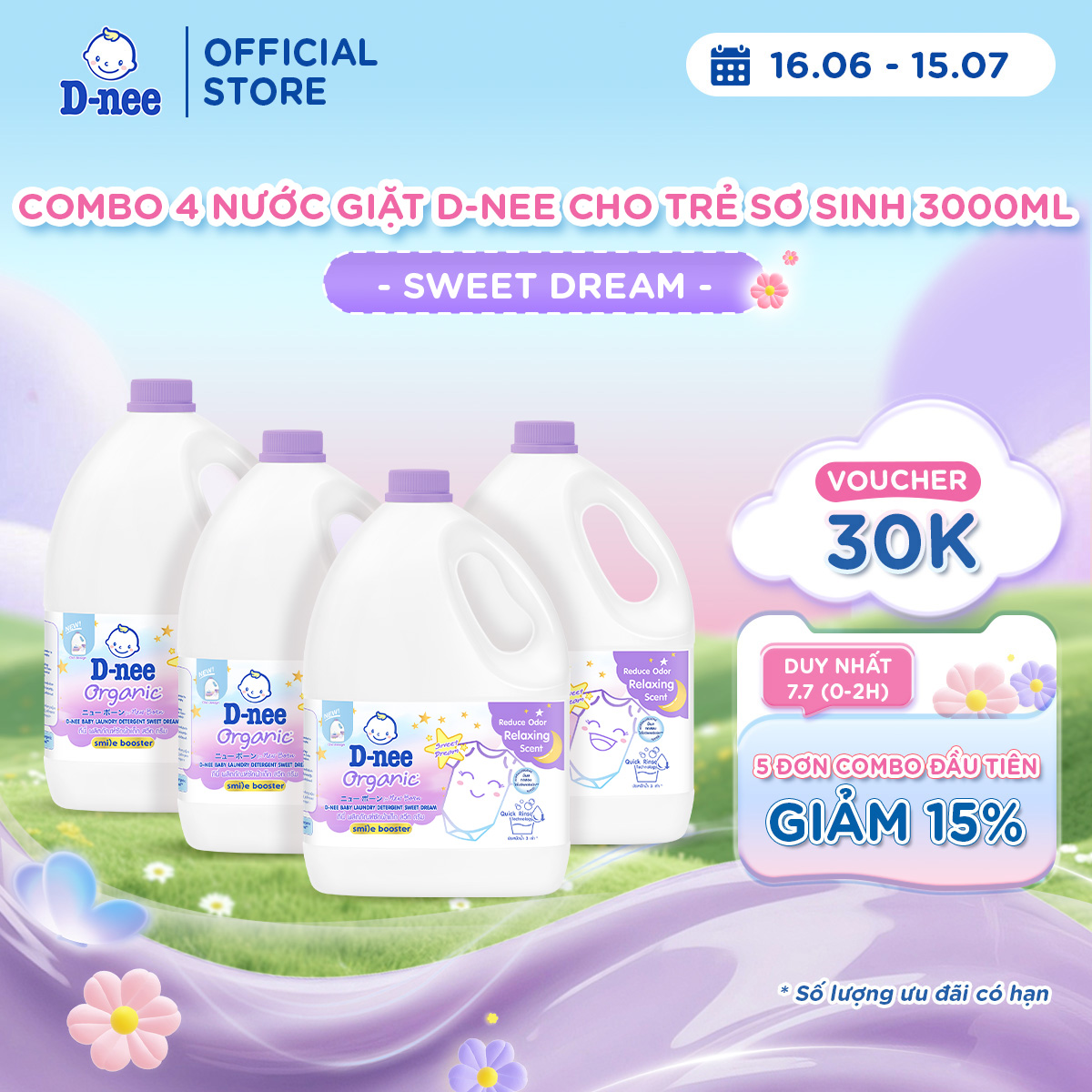 Combo 4 Nước giặt quần áo em bé D-nee 3000 ML - Dnee Sweet Dream (Smile Booster Series)