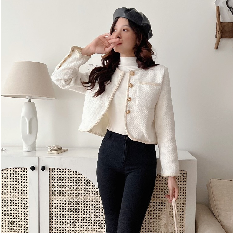 Áo Khoác Dạ Nữ Chất Tweed Nhung Croptop Cổ Tròn Dáng Ngắn Viền Thừng Màu Đỏ Noel Giáng Sinh Áo Dạ Tw