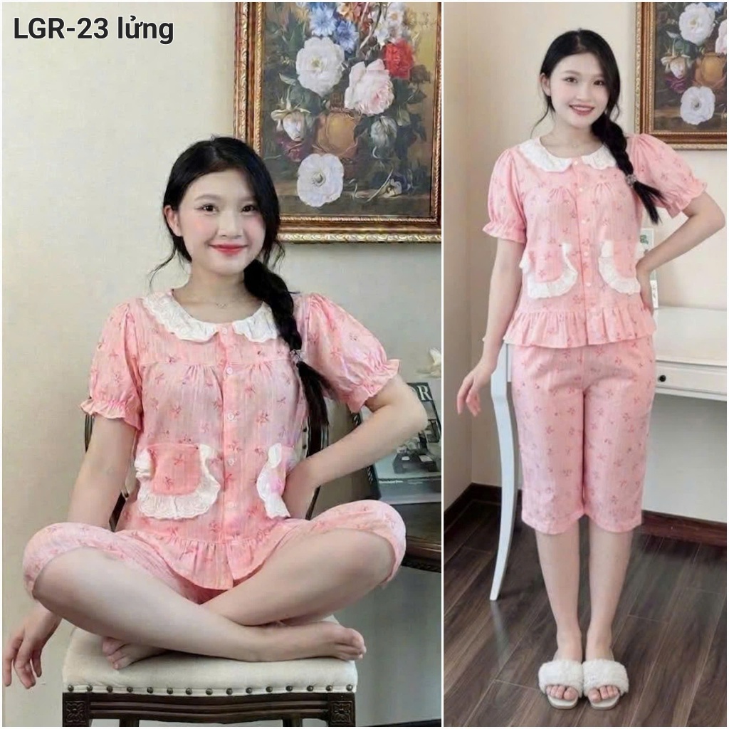 Bộ thu đông Bunnysky bộ sau sinh, bộ nữ vải đũi cổ ren túi sườn lên dáng xinh