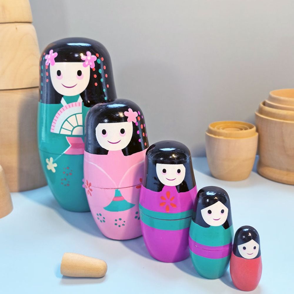 GLEOITE 5Pcs Set Japanese Girl Girls Matryoshka Doll Coloured Drawing