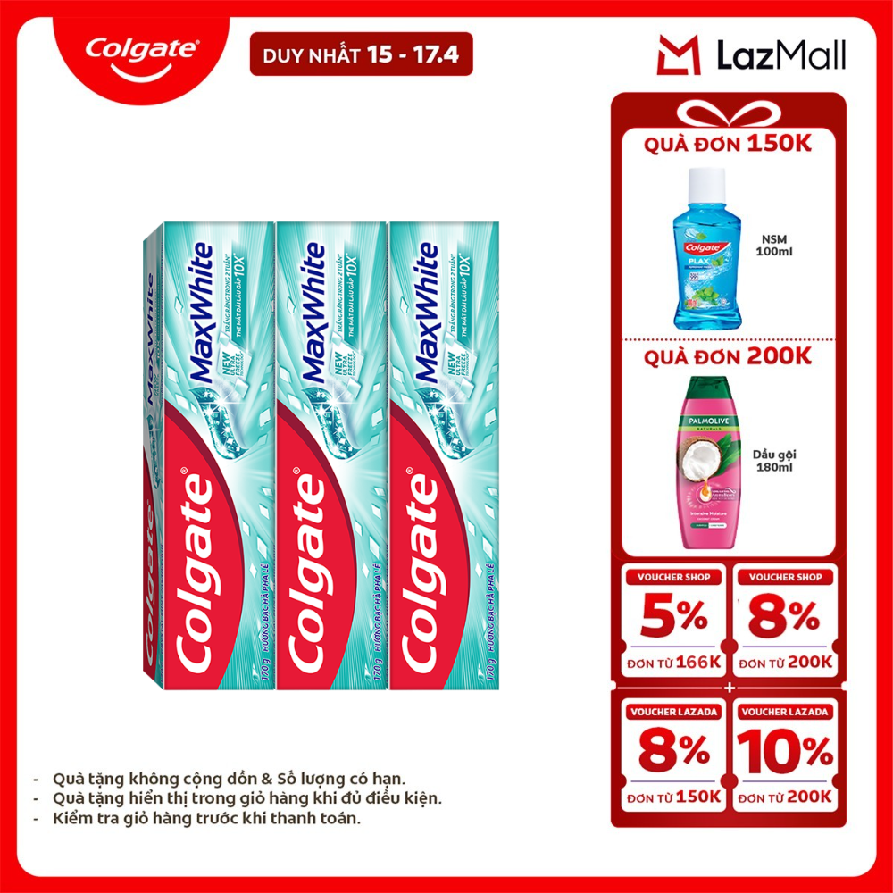 [Chỉ 15-17.4_X2 Voucher giảm đến 18%] Bộ 3 Kem đánh răng Colgate MaxWhite tinh thể the mát, làm trắng răng trong 2 tuần