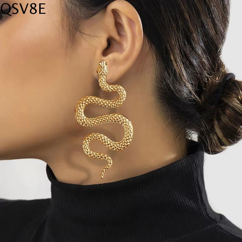 QSV8E Avant-garde Bông tai hình rắn Phóng đại Gợi cảm Bông tai dạng hạt hình rắn động vật Phong cách Châu Âu Mỹ Hợp kim Bông tai kim loại Phụ nữ