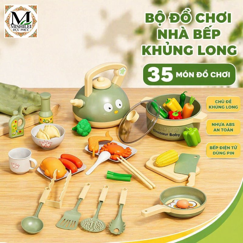 Mishilei Bộ đồ chơi nấu ăn nhà bếp khủng long 35 chi tiết bếp pin đèn âm thanh nhập vai nấu ăn giáo dục