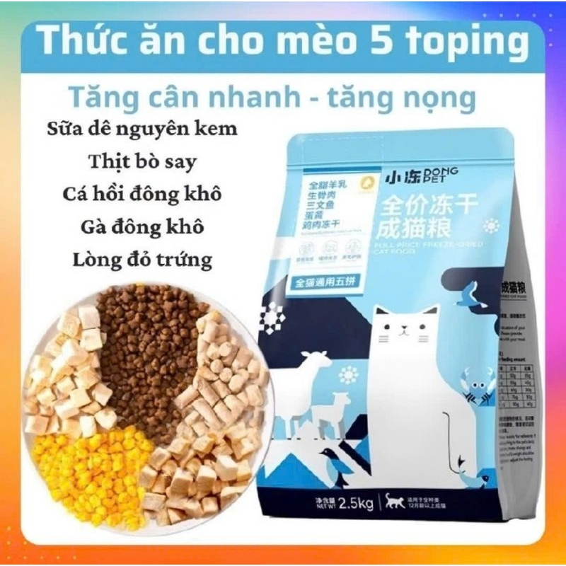 [ Nguyên seal 2.5Kg ] Hạt DONGPET 5 Toping bịch 2.5kg dạng hạt trộn cùng thịt sấy khô chuyên dành cho mèo kén ăn