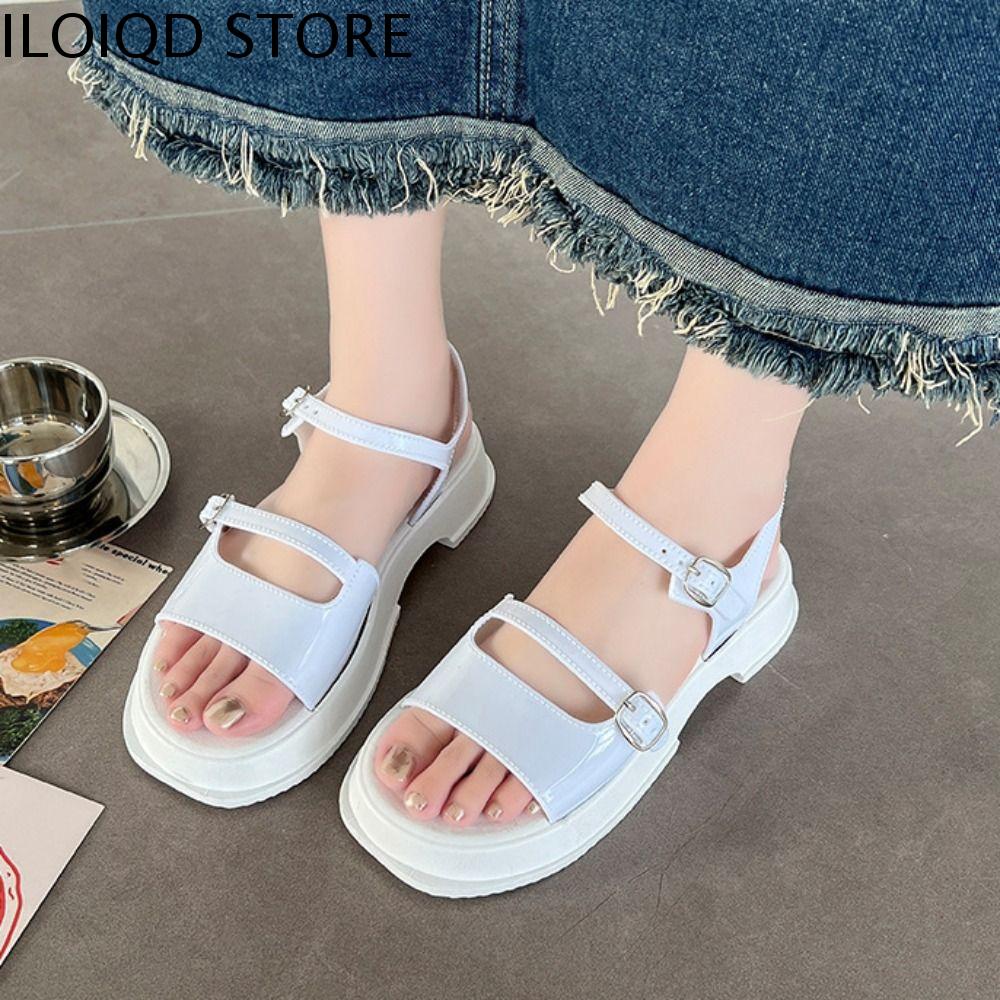 ILOIQD PVC Xăng đan gót thấp Rỗng Chống trượt Xăng đan nữ đế xuồng Thanh lịch Khóa mắt cá chân Dép lê Mùa hè