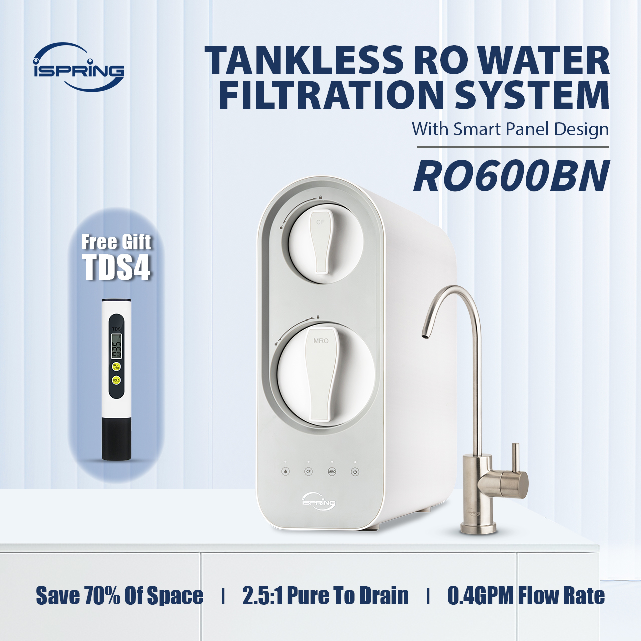iSpring RO600BN Tankless Reverse Osmosis System Under Sink 600 GPD 2.5:1 Pure to Drain Ratio RO Drinking Water Filter 0.4 GPM TDS & PFAS Reduction Includes Stainless steel Faucet ราคา 13,999 บาท*ส่งฟรี