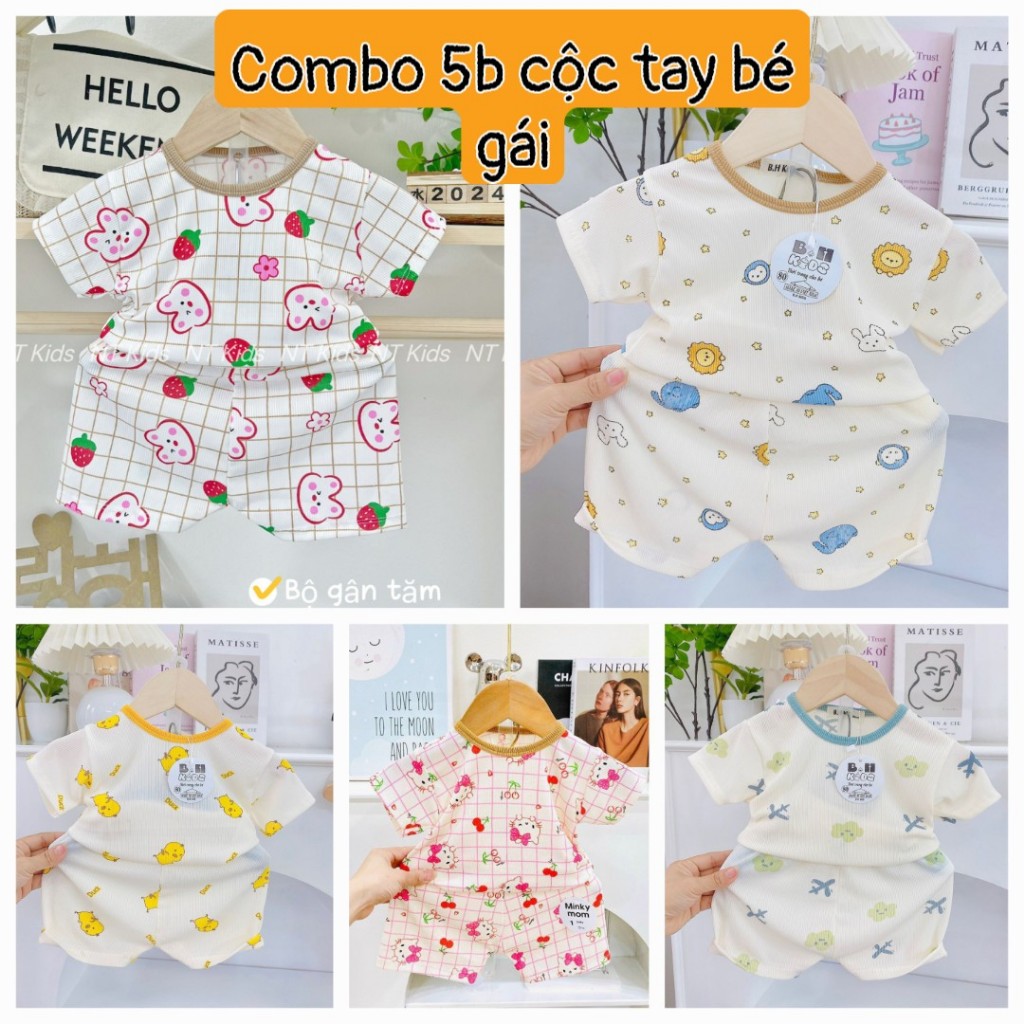 Combo 5 bộ cộc tay vải tăm lạnh, mịn mát, co giãn, thấm hút mồ hôi nhiều hoạ tiết dễ thương, cho bé sơ sinh - 6